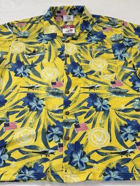AE Sport Men's Button-Up US Navy Shirt XXL Yellow Blue Hawaiian Floral NWT